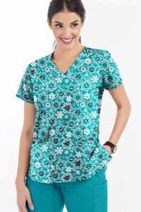 Christmas Smiling Snowflakes Scrub Top Teal